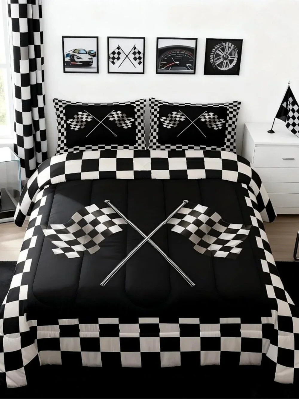Black White Flag Full Size Comforter Set Geometric Grid Bedding Set for Kids Adu
